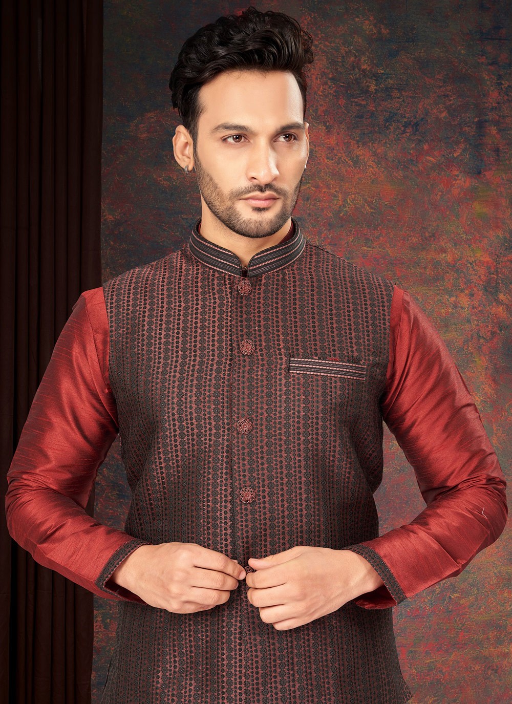 Embroidered Jacquard Maroon Kurta Payjama With Jacket - M7190