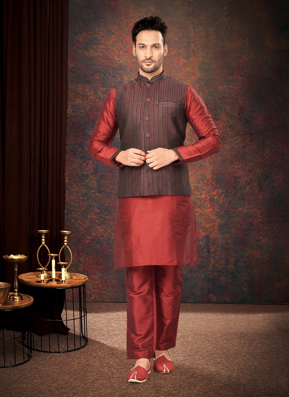 Embroidered Jacquard Maroon Kurta Payjama With Jacket - M7190