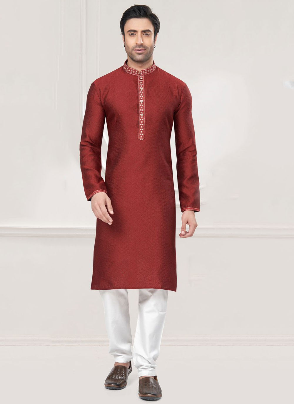 Embroidered Jacquard Silk Maroon Kurta Pyjama - M7359