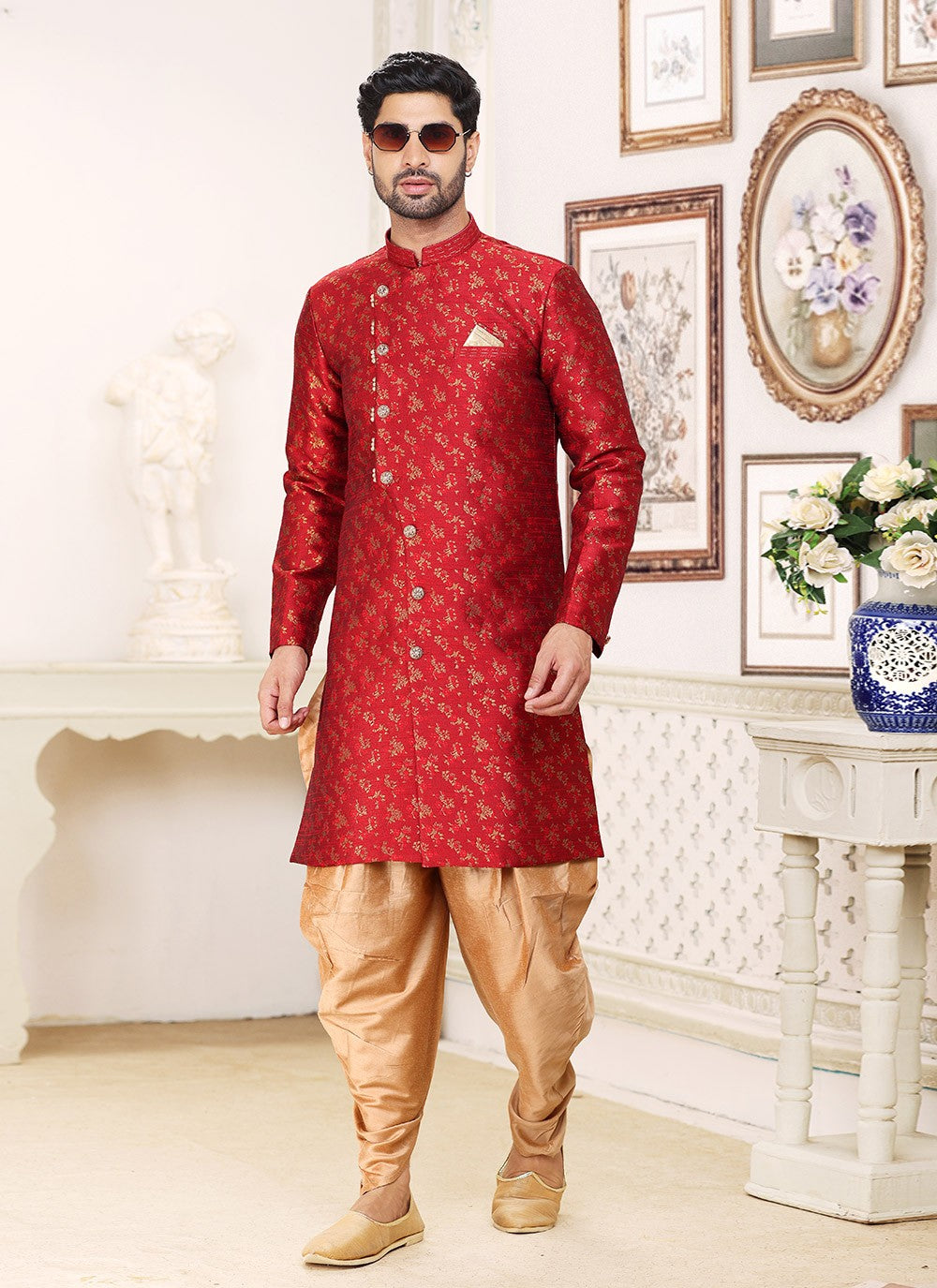 Jacquard Work Banarasi Jacquard Maroon Indo Western - M5287