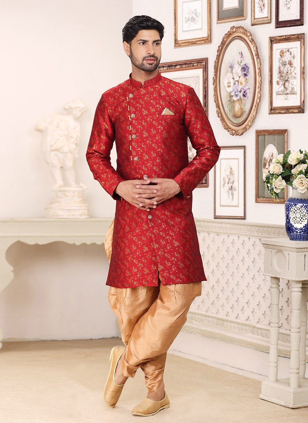 Jacquard Work Banarasi Jacquard Maroon Indo Western - M5287