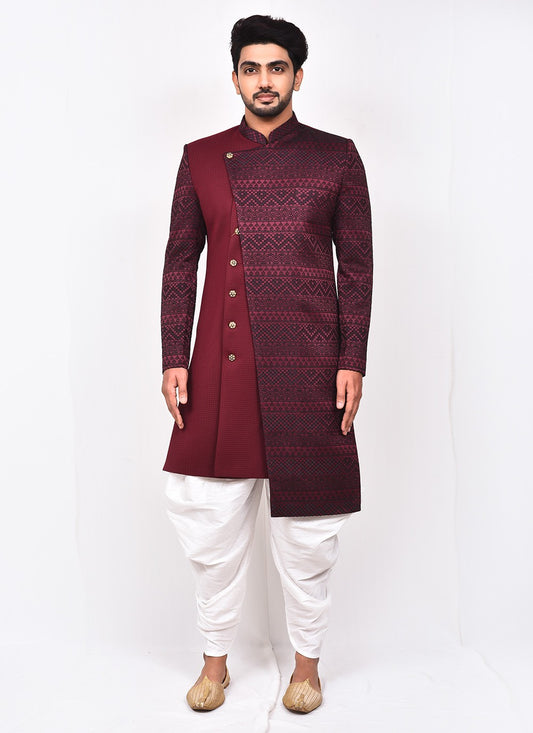 Buttons Lycra Maroon Indo Western Sherwani - M3280