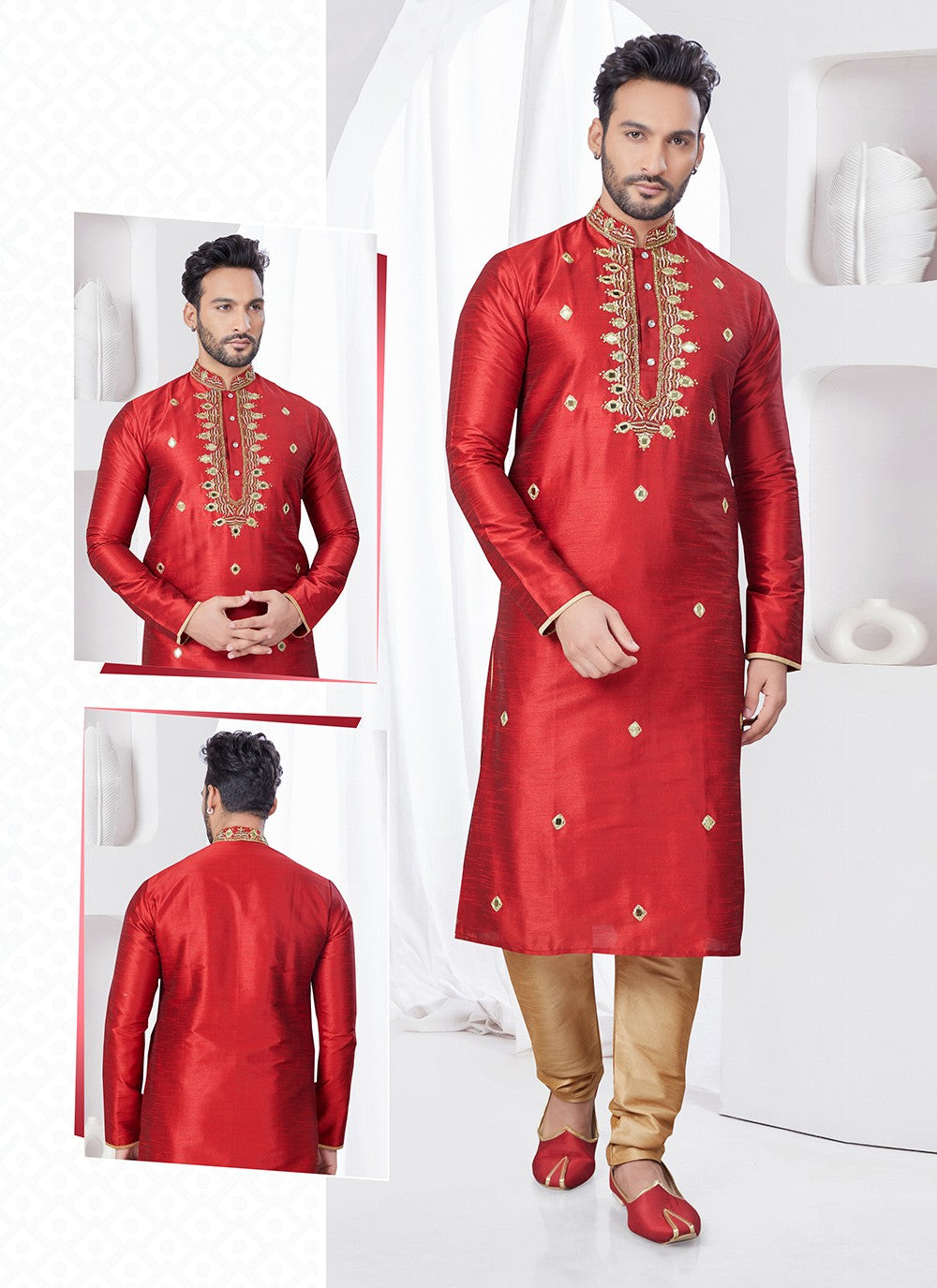 Machine Embroidery Art Silk Maroon Kurta Pyjama - M7547