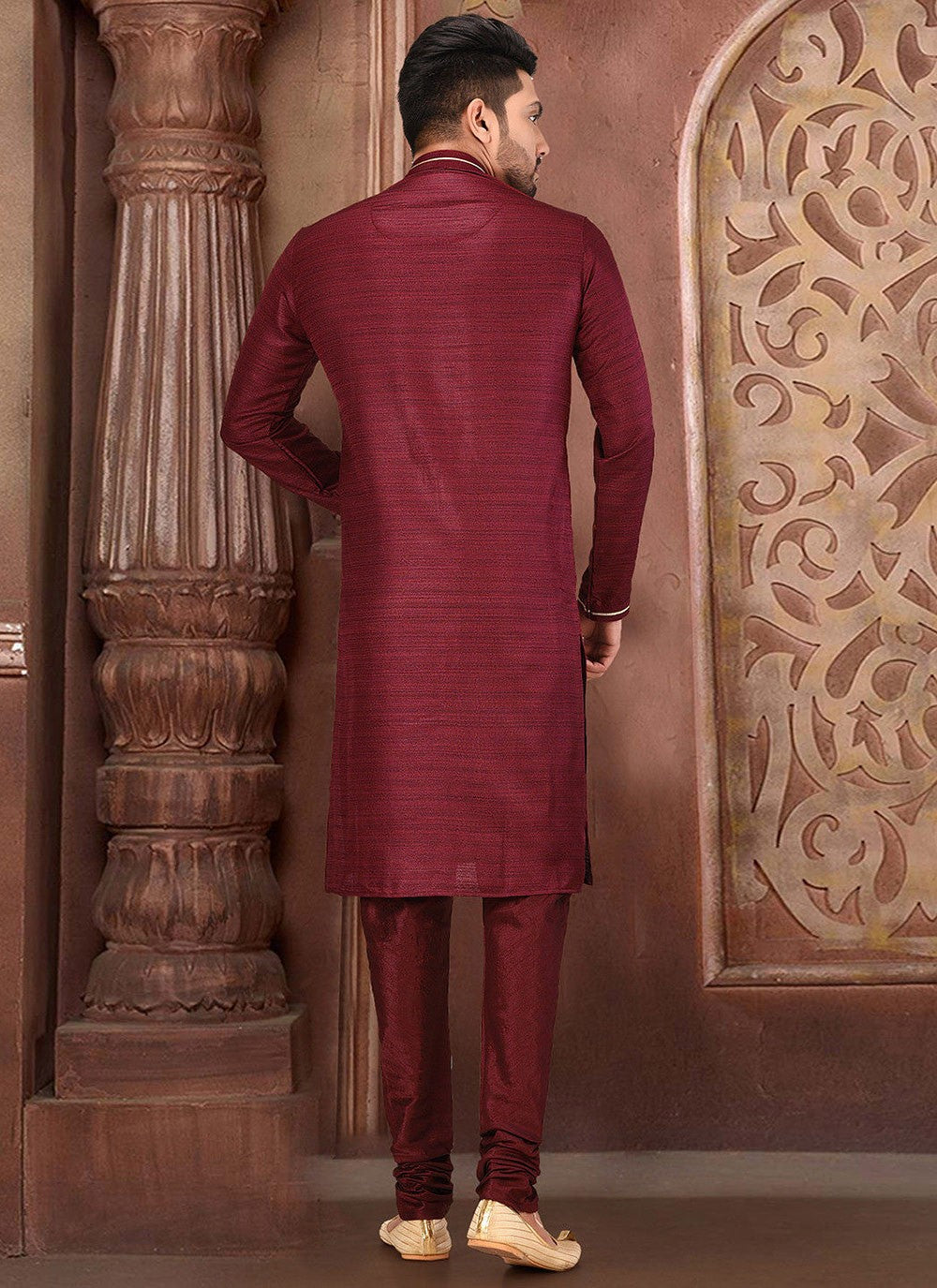 Embroidered Malbari Silk Maroon Kurta Pyjama - M2734