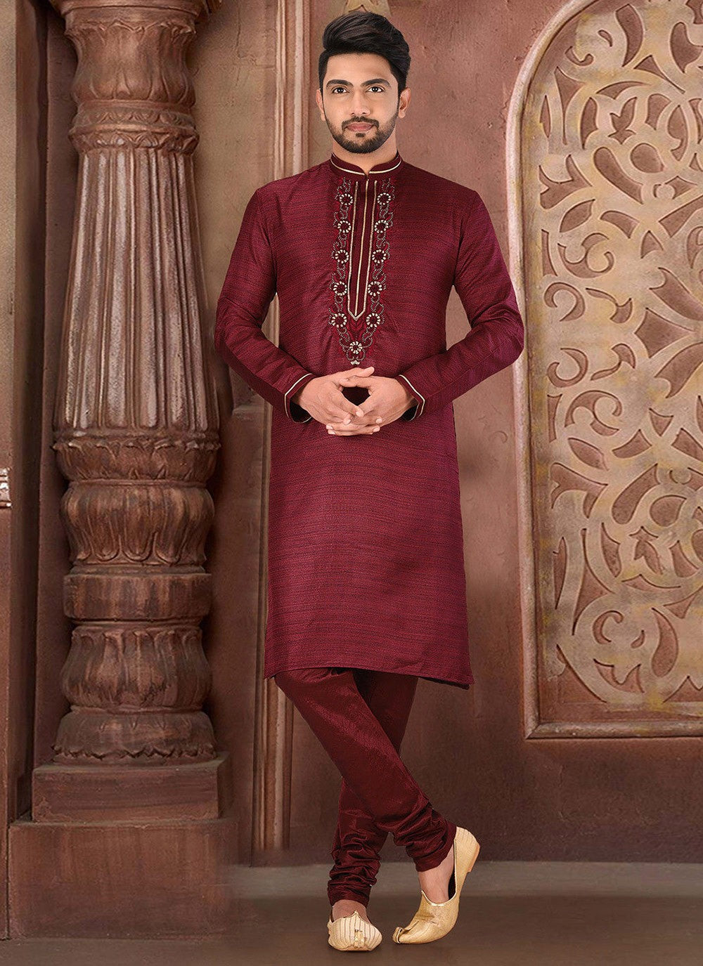 Embroidered Malbari Silk Maroon Kurta Pyjama - M2734