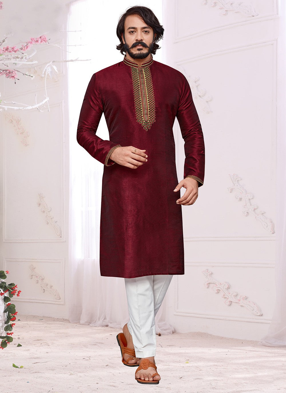 Embroidered Art Silk Maroon Kurta Pyjama - M2017