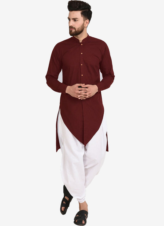 Plain Blended Cotton Maroon Dhoti Kurta - M4466