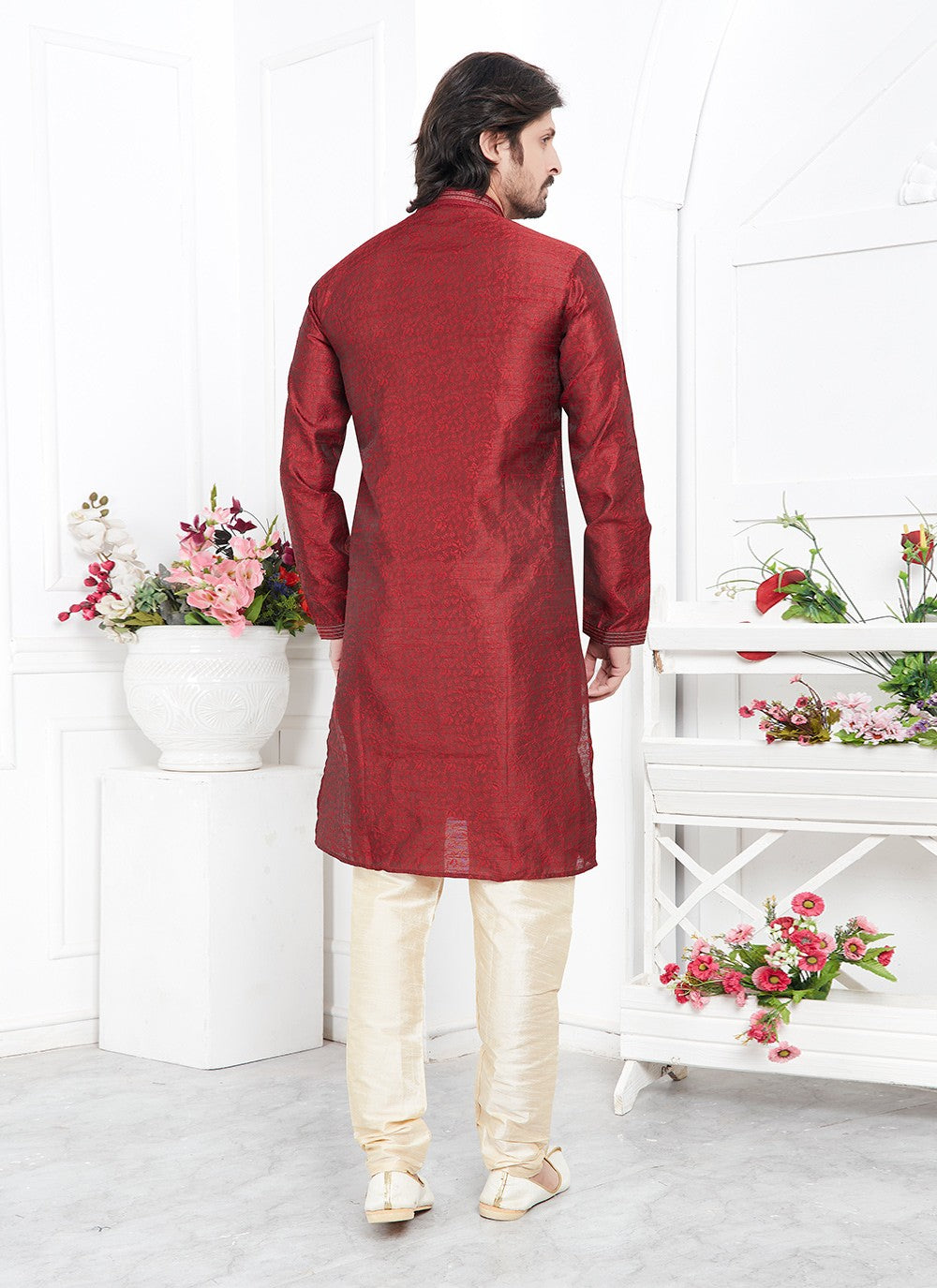 Pintex Brocade, Jacquard Silk Maroon Kurta Pyjama - M7764