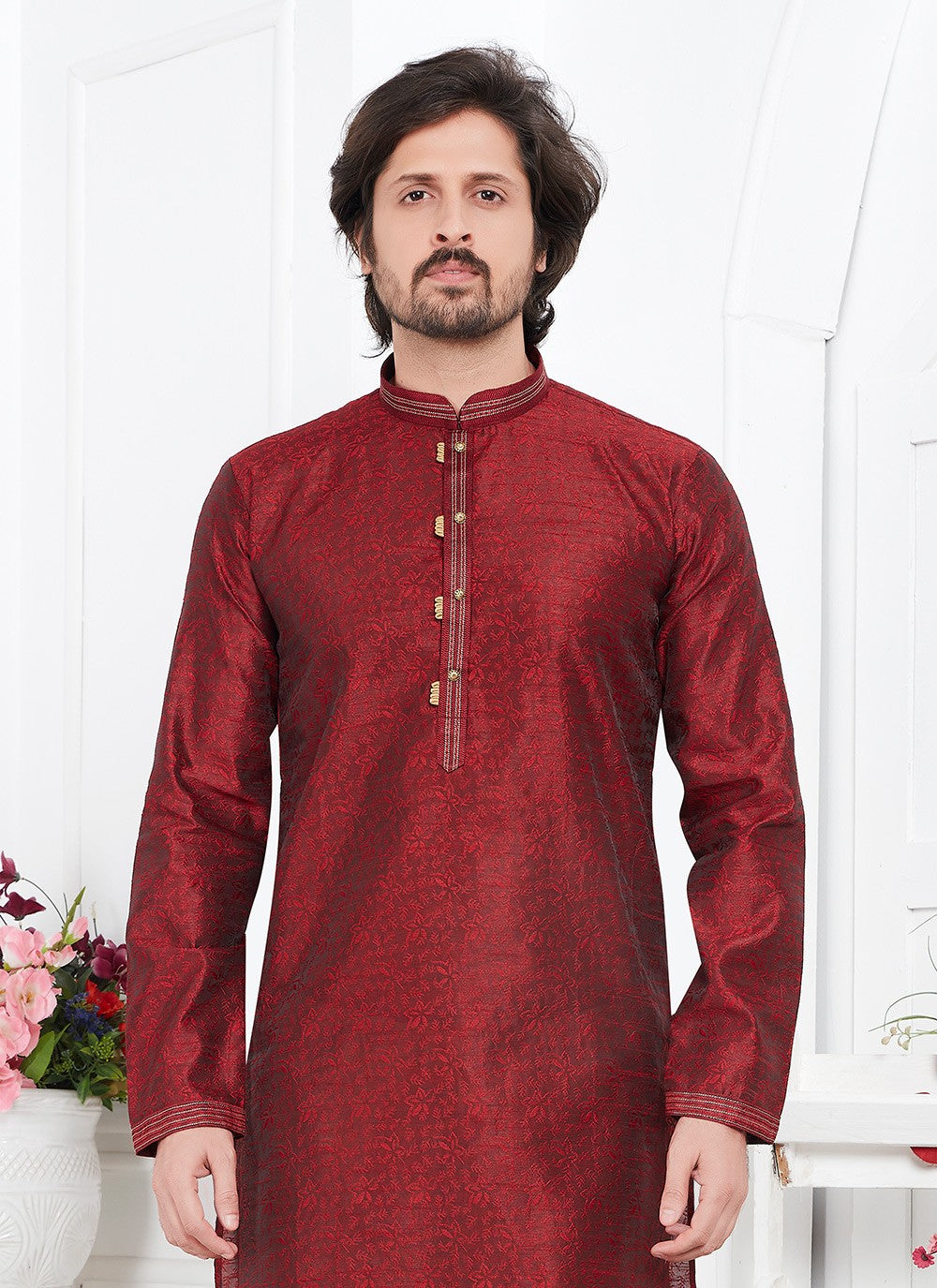 Pintex Brocade, Jacquard Silk Maroon Kurta Pyjama - M7764