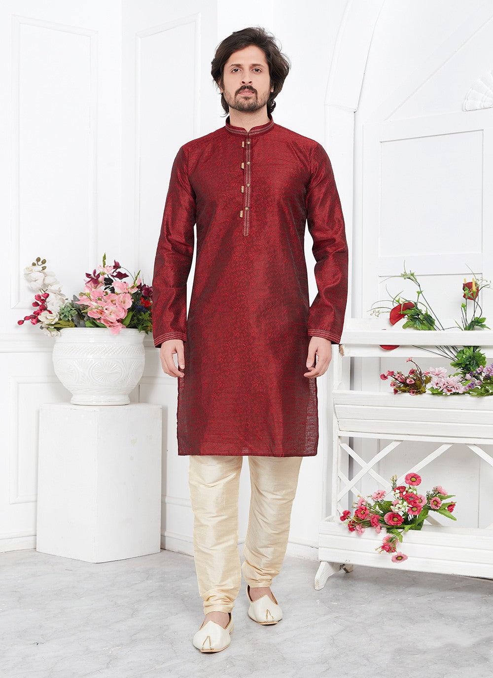 Pintex Brocade, Jacquard Silk Maroon Kurta Pyjama - M7764