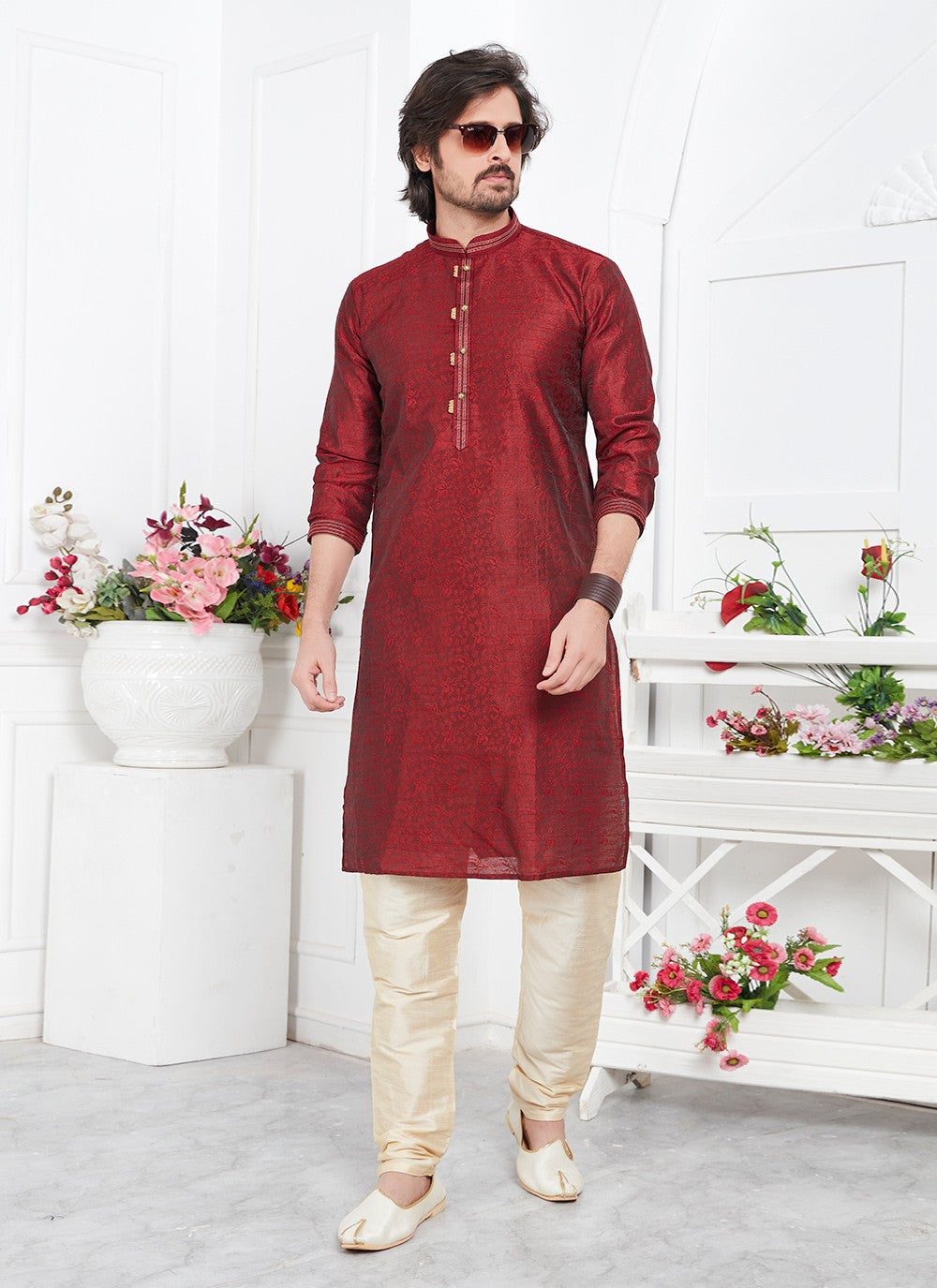 Pintex Brocade, Jacquard Silk Maroon Kurta Pyjama - M7764