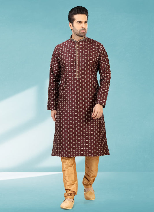 Plain Brocade, Jacquard Silk Maroon Kurta Pyjama - M2313