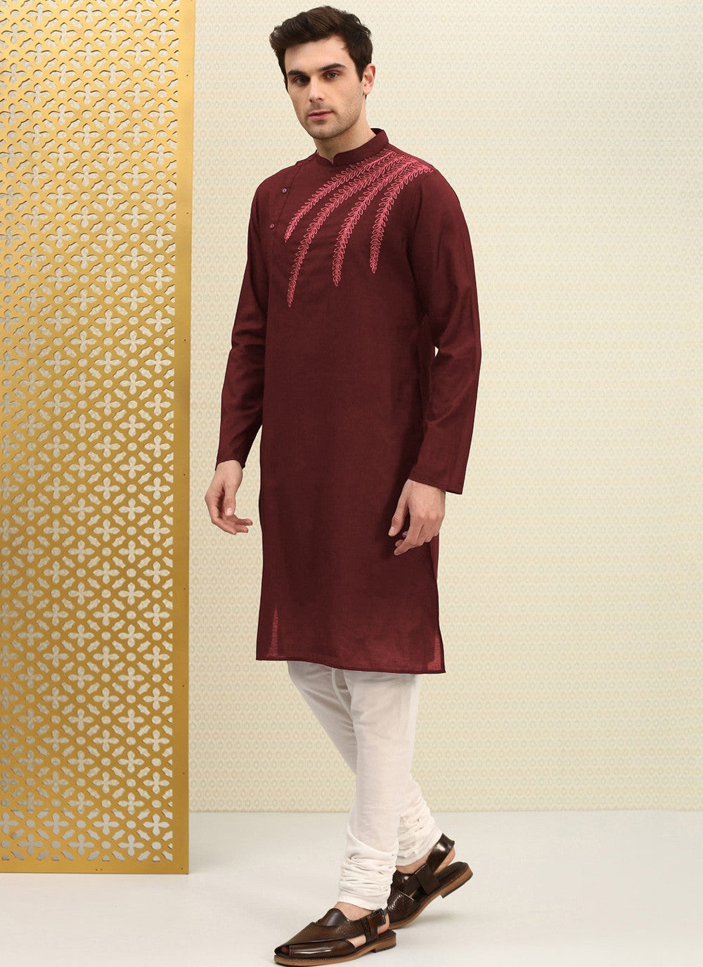 Embroidered Blended Cotton Maroon Kurta Pyjama - M4501