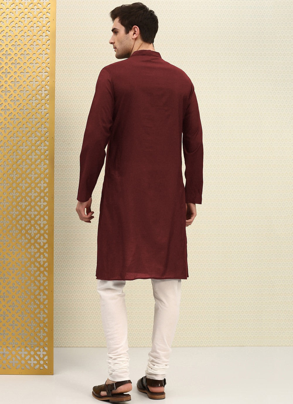 Embroidered Blended Cotton Maroon Kurta Pyjama - M4501