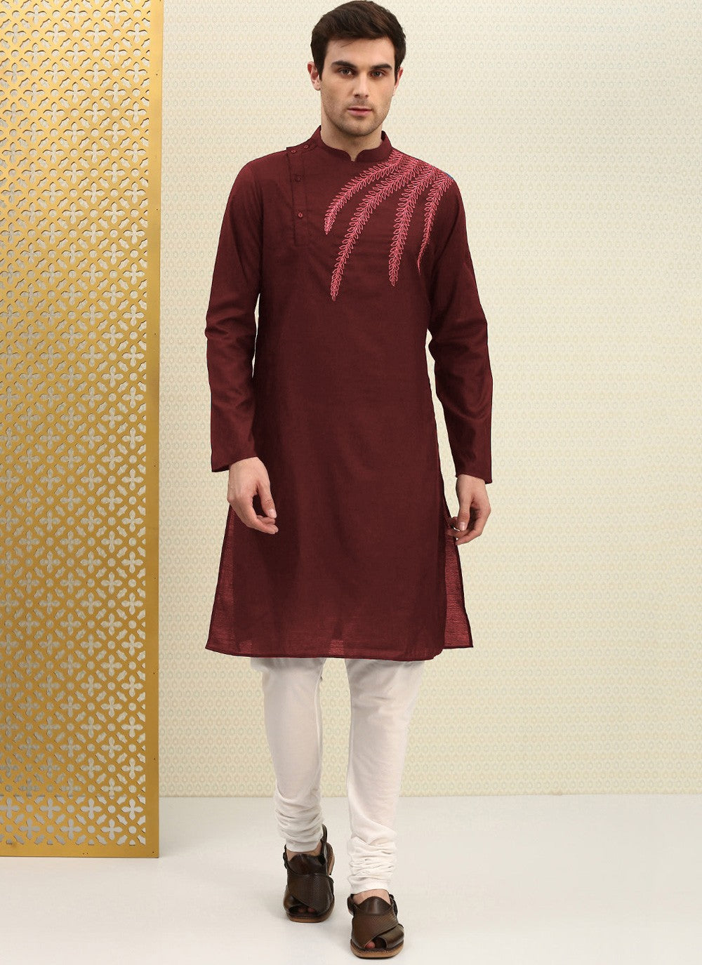 Embroidered Blended Cotton Maroon Kurta Pyjama - M4501