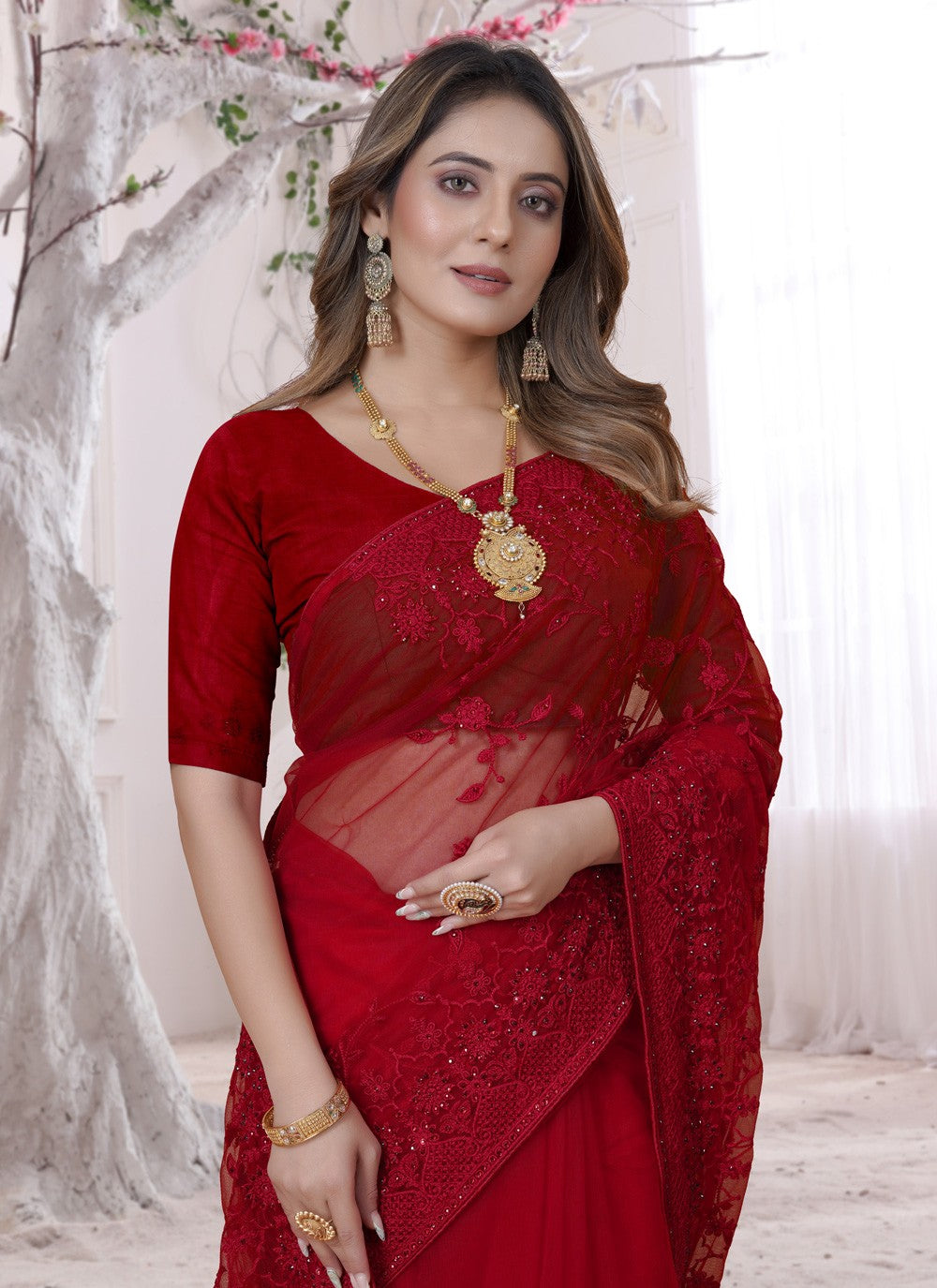 Trendy Embroidered Net Saree - S3529