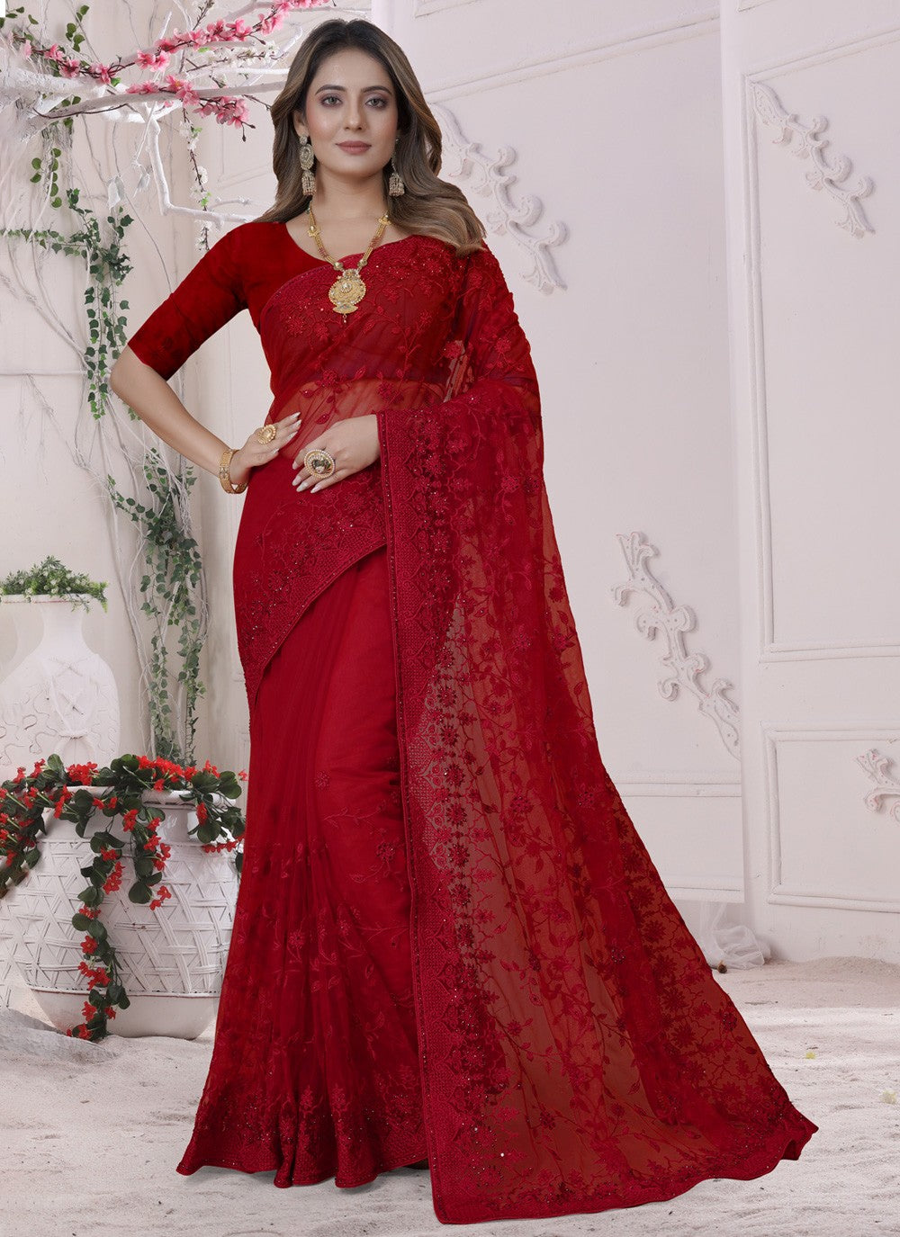 Trendy Embroidered Net Saree - S3529