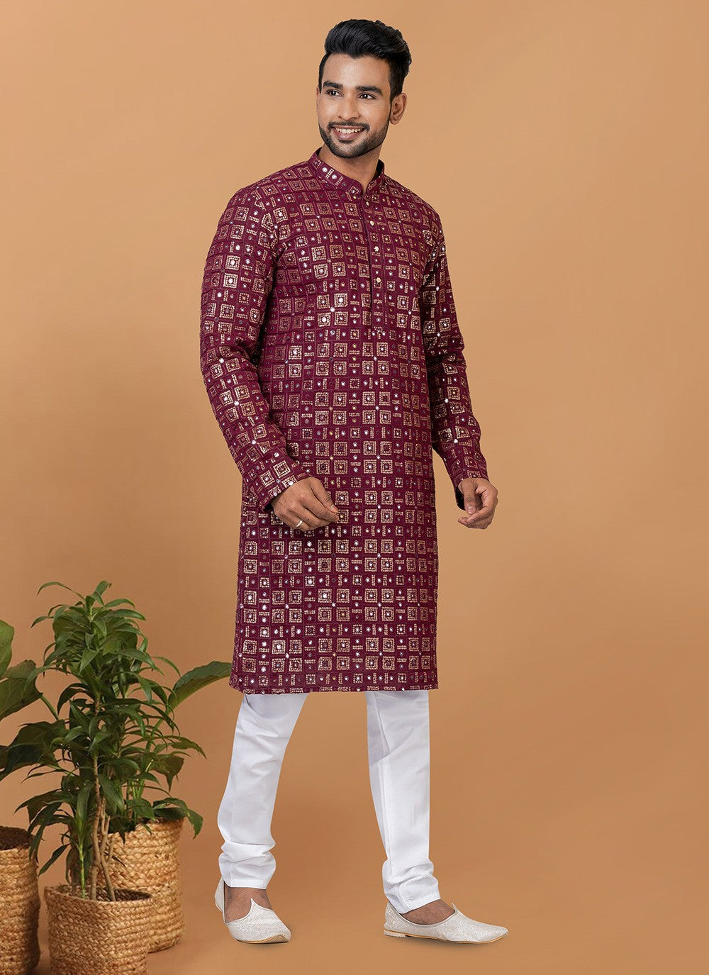 Embroidered Georgette Maroon Kurta Pyjama - M6246