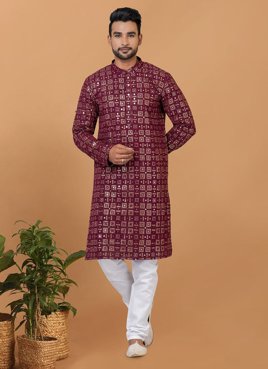 Embroidered Georgette Maroon Kurta Pyjama - M6246