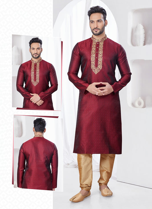 Machine Embroidery Jacquard Maroon Kurta Pyjama - M7586