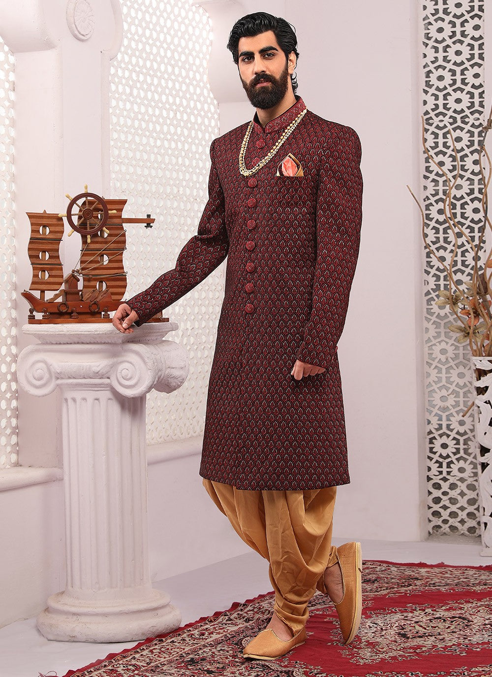 Embroidered Velvet Maroon Sherwani - M3306