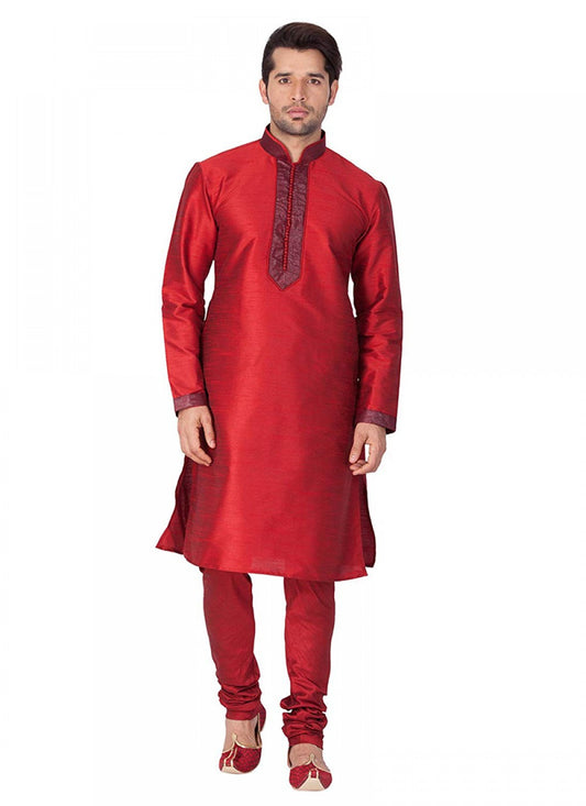 Plain Art Dupion Silk Maroon Kurta Pyjama - M1151