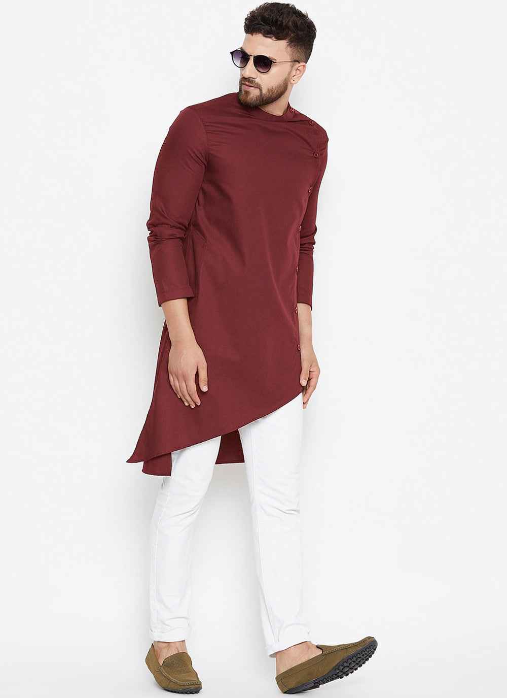 Plain Fancy Fabric Maroon Kurta Pyjama - M4493