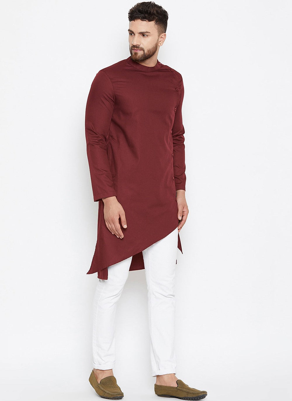 Plain Fancy Fabric Maroon Kurta Pyjama - M4493