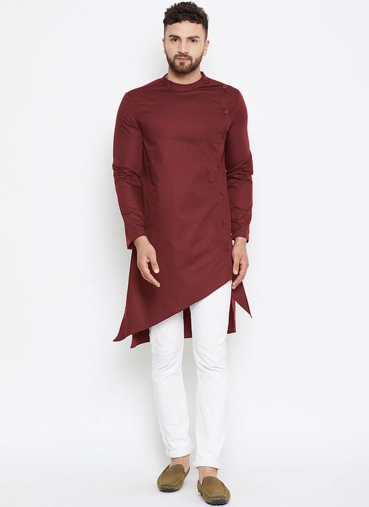 Plain Fancy Fabric Maroon Kurta Pyjama - M4493