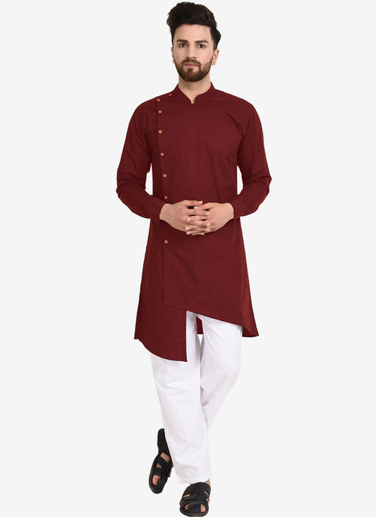 Plain Blended Cotton Maroon Kurta Pyjama - M4482