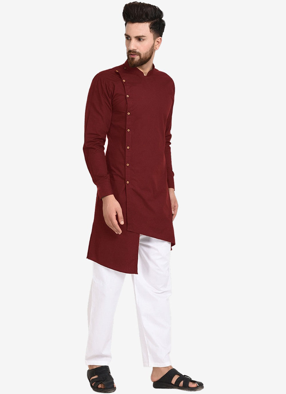 Plain Blended Cotton Maroon Kurta Pyjama - M4482