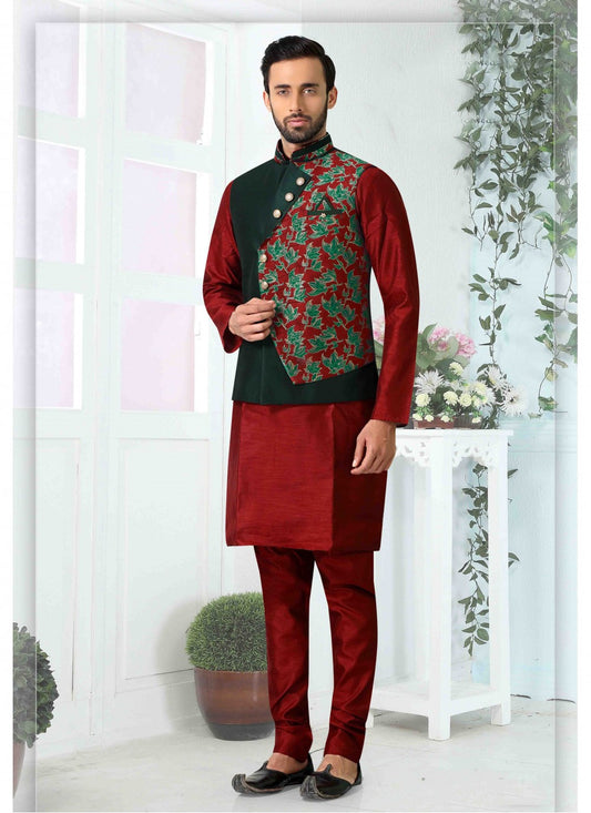 Plain Art Silk Maroon Kurta Payjama With Jacket - M1709