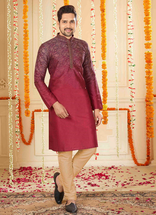 Digital Print Poly Silk Maroon Kurta Pyjama - M6845