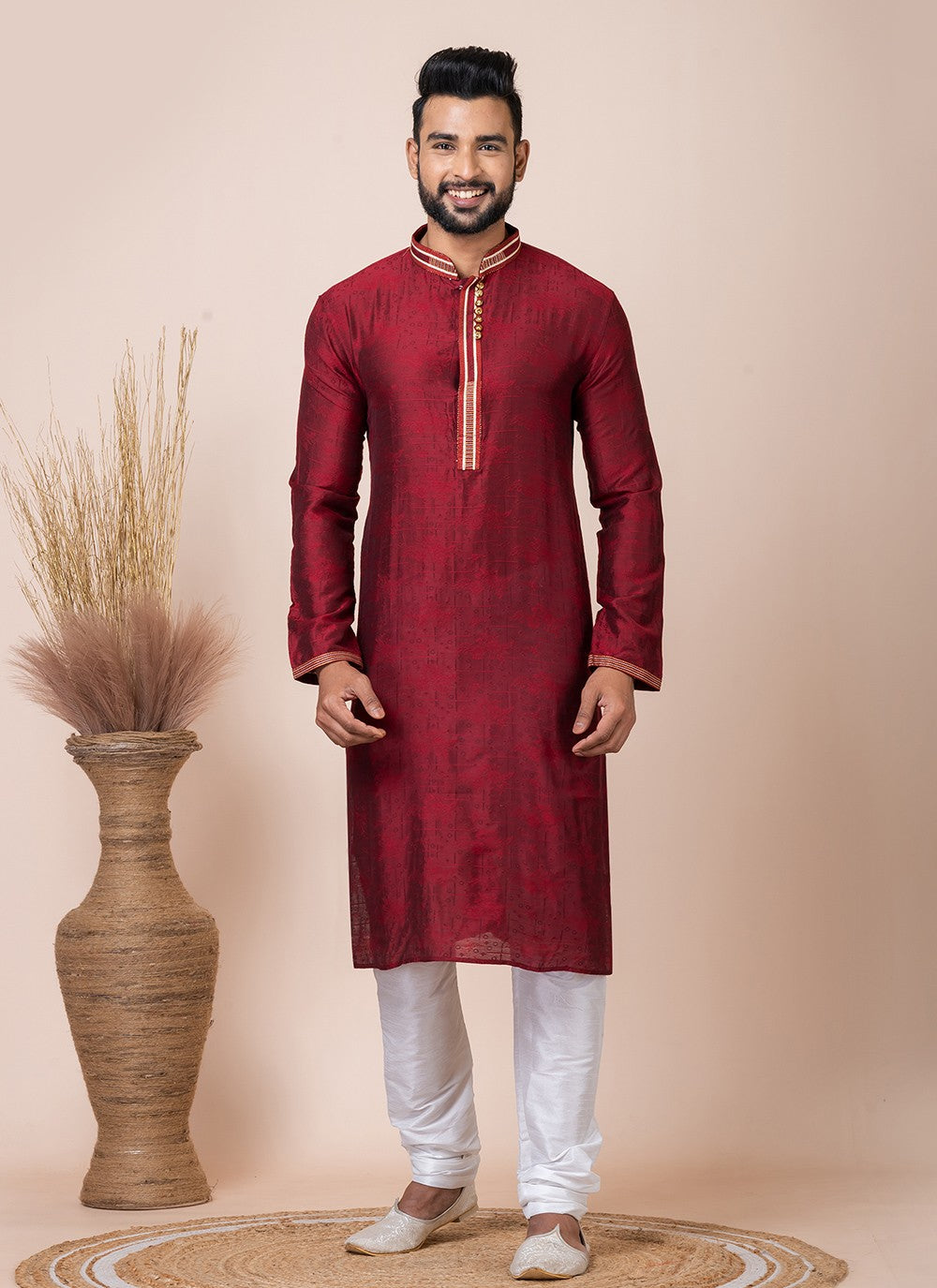 Printed Jacquard Maroon Kurta Pyjama - M8551