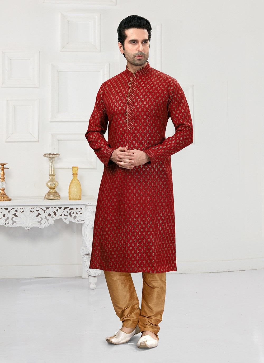 Printed Cotton Maroon Kurta Pyjama - M3143