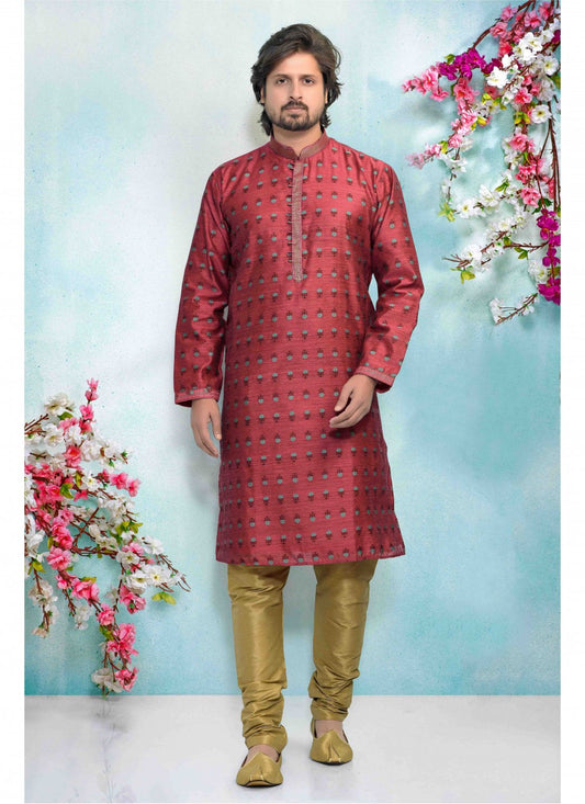 Printed Jacquard Silk Maroon Kurta Pyjama - M1682