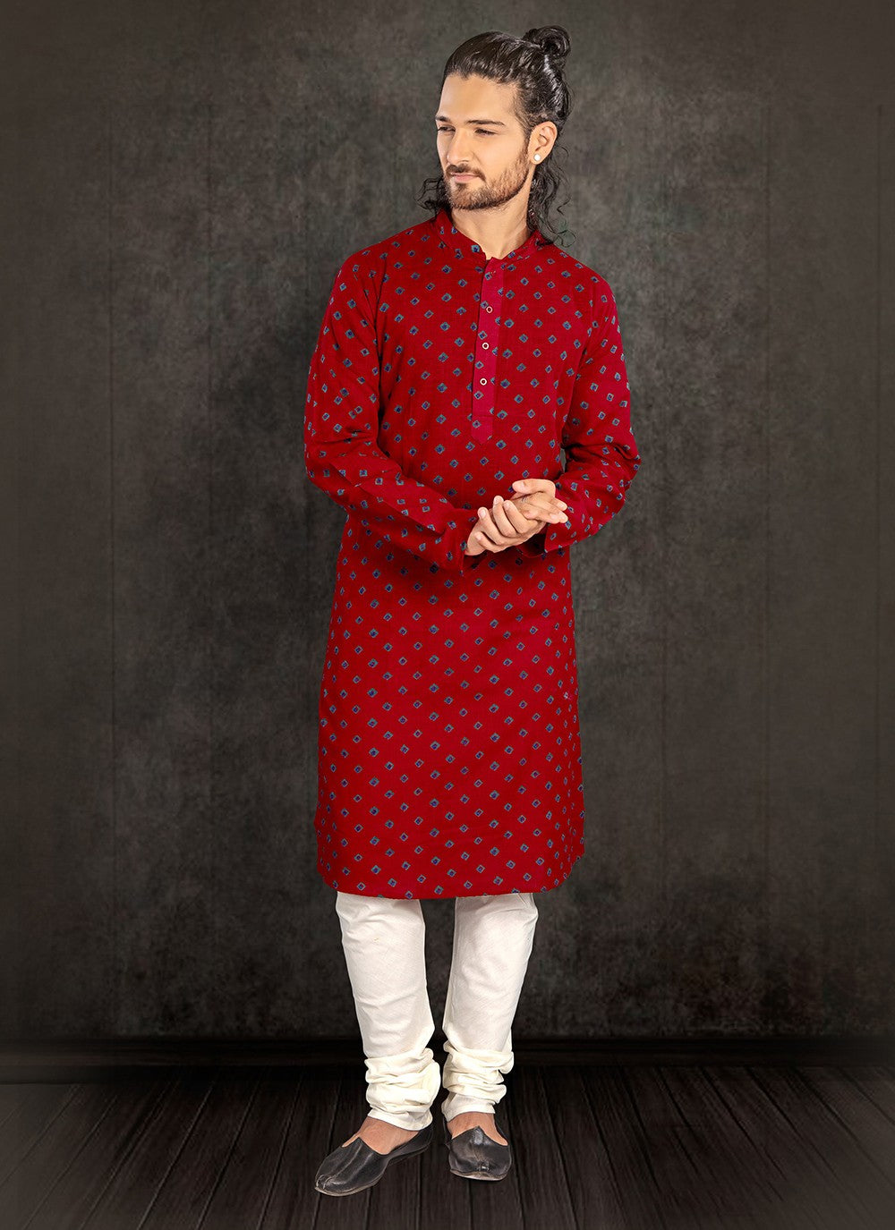 Printed Cotton Maroon Kurta Pyjama - M2168