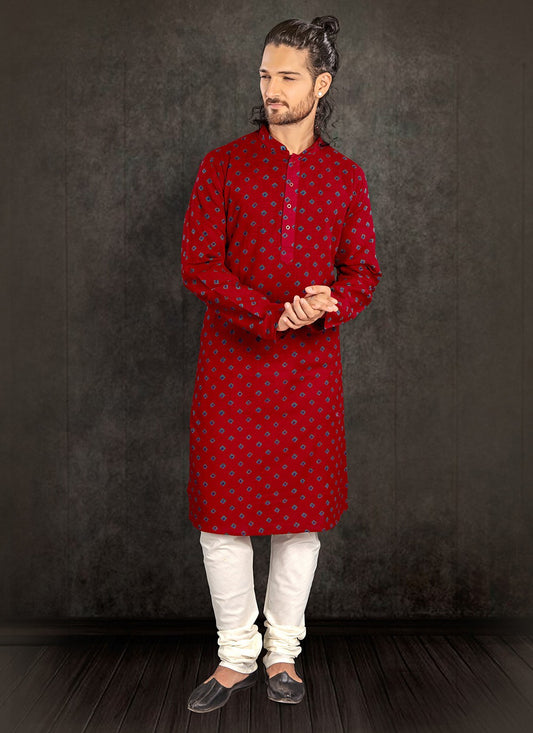 Printed Cotton Maroon Kurta Pyjama - M2168