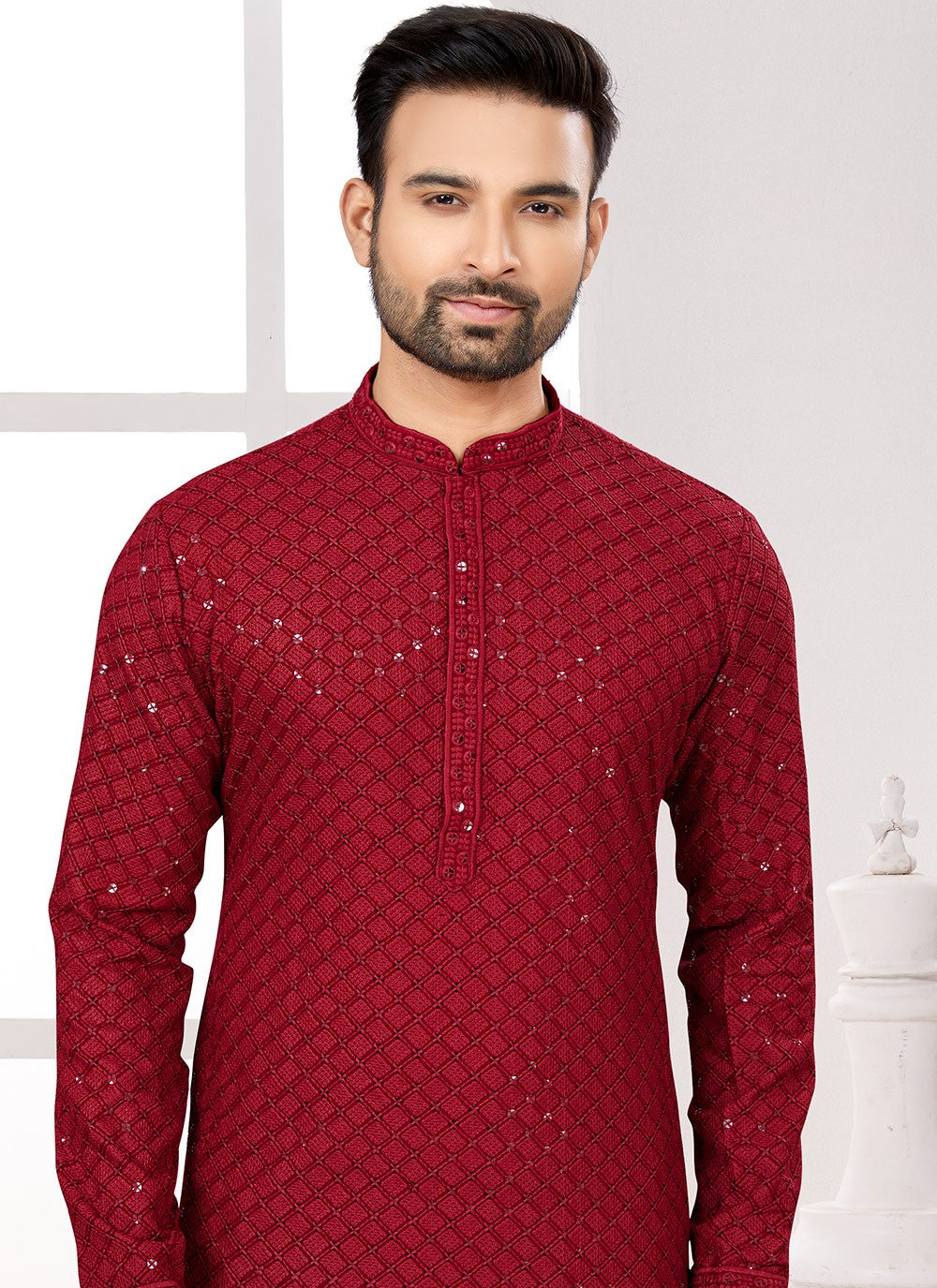 Fancy Work Rayon Maroon Kurta Pyjama - M6682