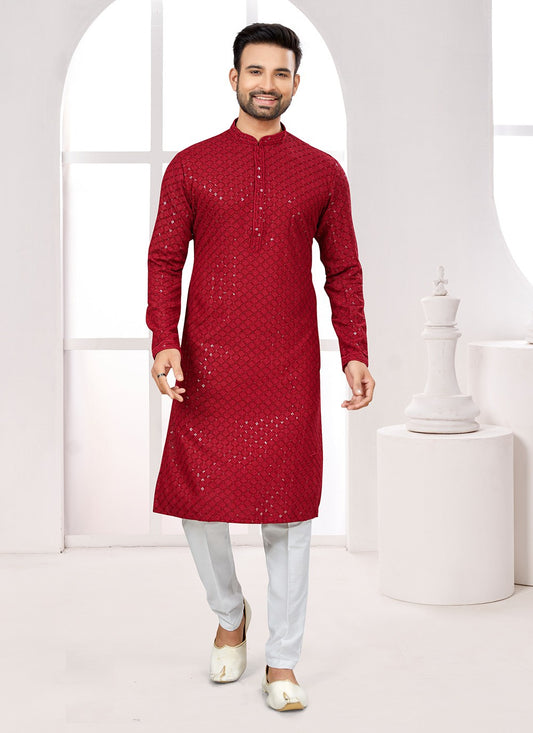 Fancy Work Rayon Maroon Kurta Pyjama - M6682