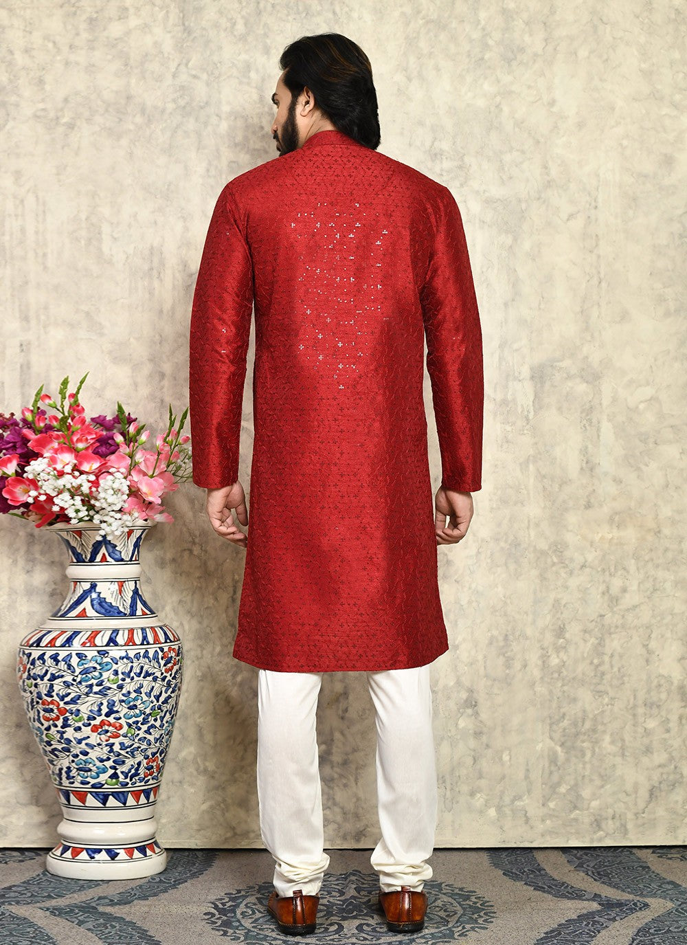 Plain Art Silk Maroon Kurta Pyjama - M7936