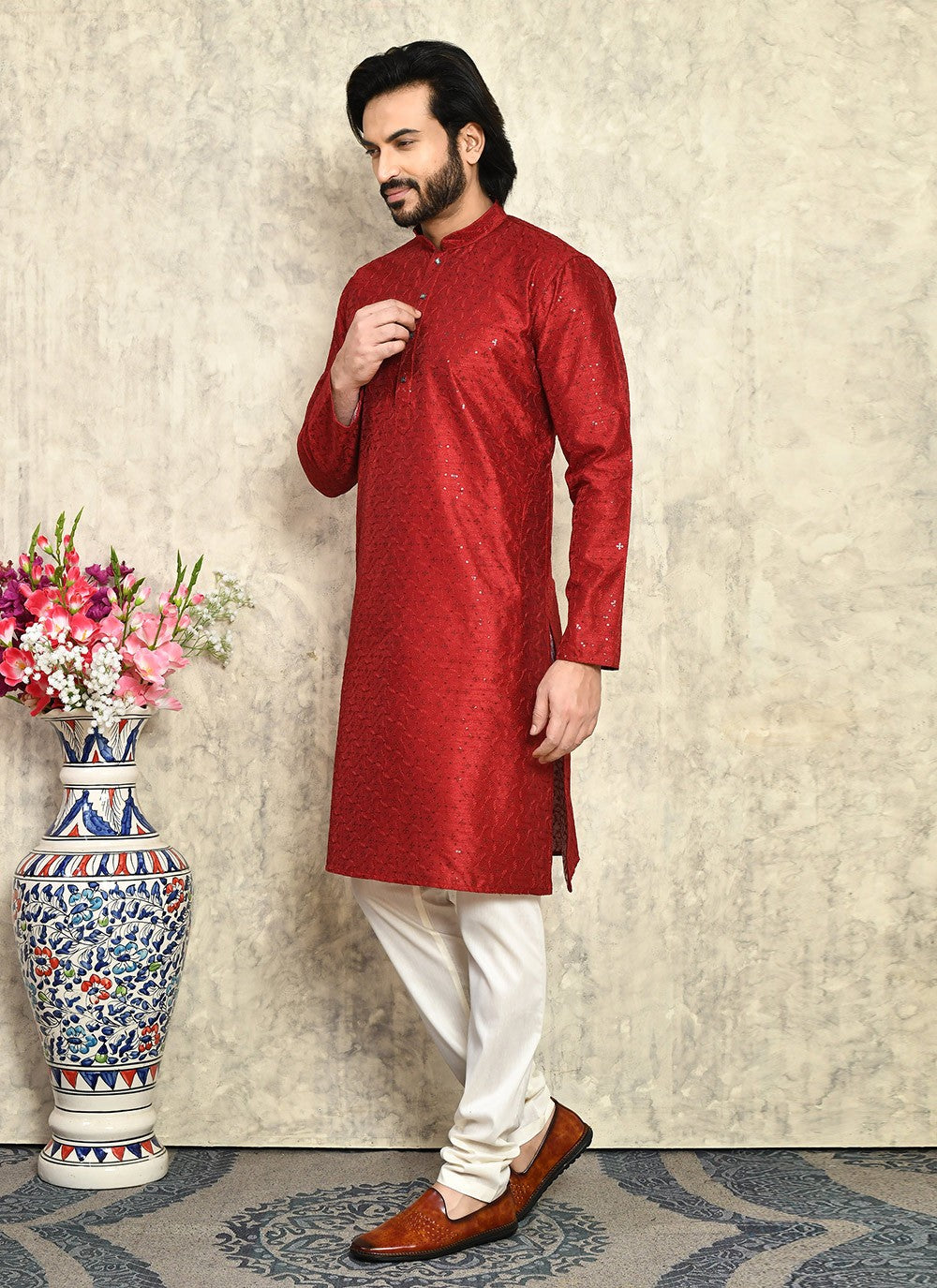 Plain Art Silk Maroon Kurta Pyjama - M7936