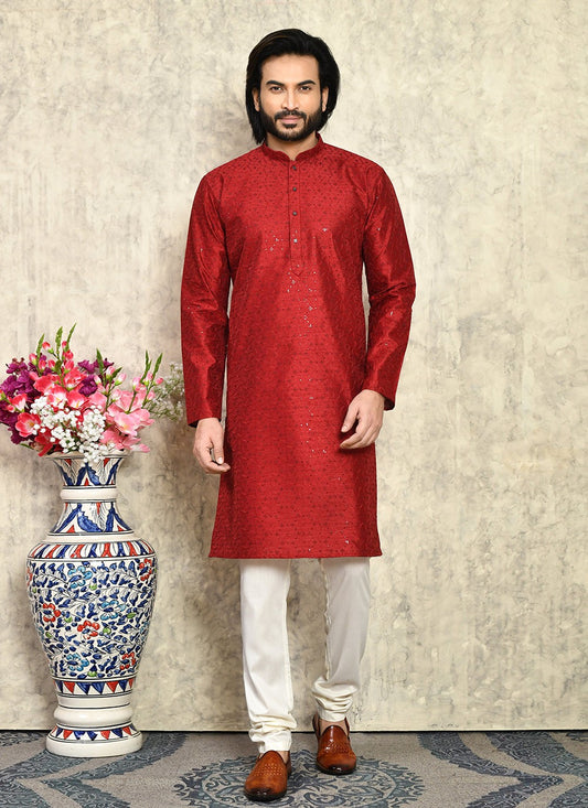 Plain Art Silk Maroon Kurta Pyjama - M7936