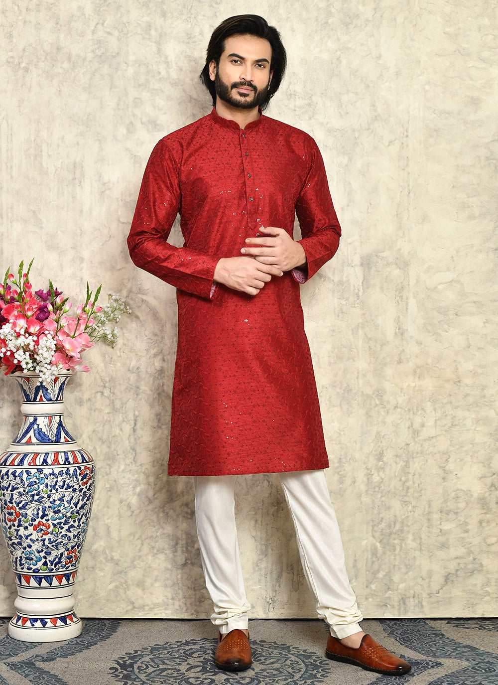 Plain Art Silk Maroon Kurta Pyjama - M7936