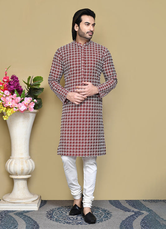 Buttons Cotton Maroon Kurta Pyjama - M7785