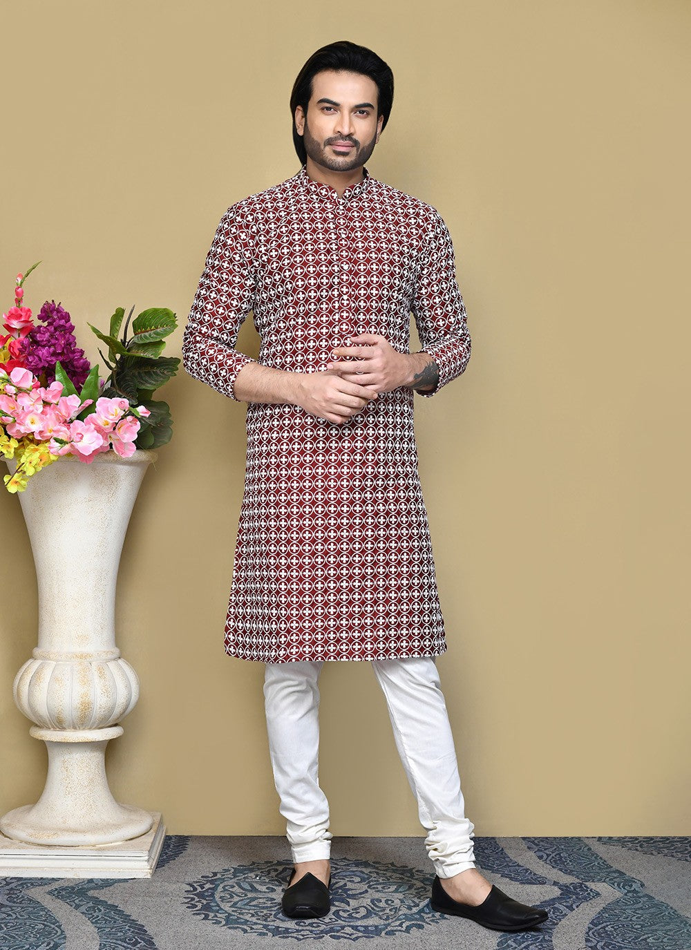 Buttons Cotton Maroon Kurta Pyjama - M7785