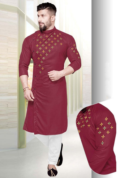 Resham Cotton Maroon Kurta Pyjama - M2233