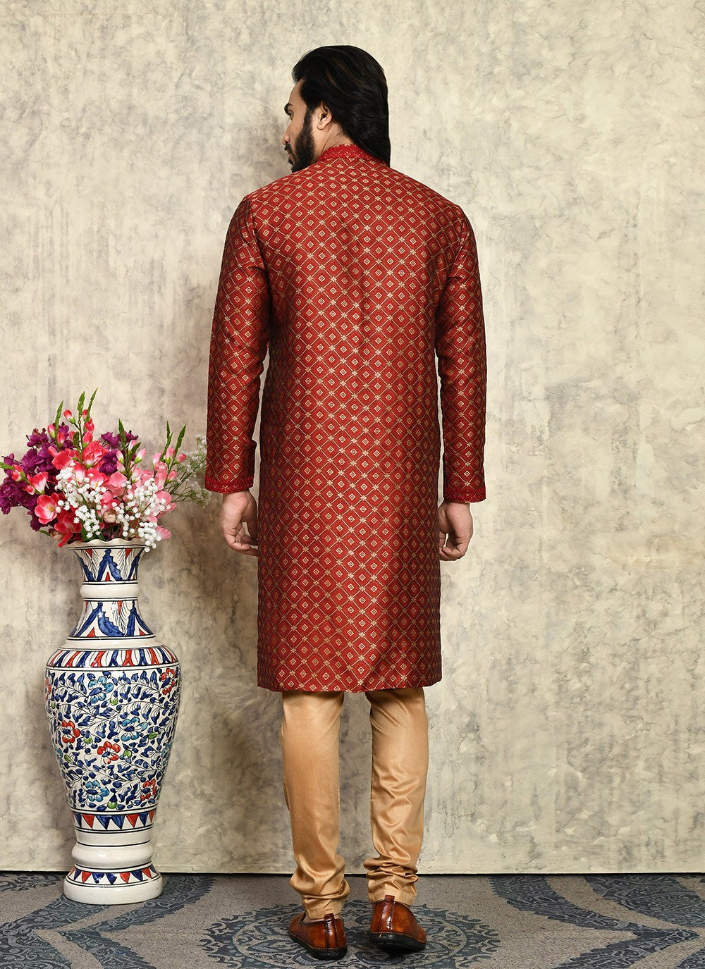 Machine Embroidery Art Silk Maroon Kurta Pyjama - M7953