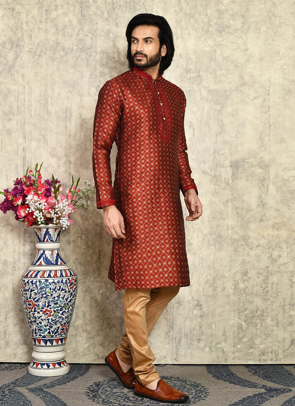 Machine Embroidery Art Silk Maroon Kurta Pyjama - M7953