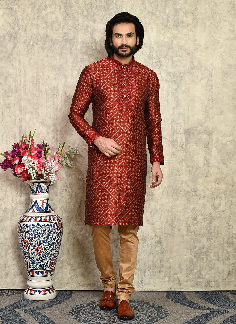 Machine Embroidery Art Silk Maroon Kurta Pyjama - M7953